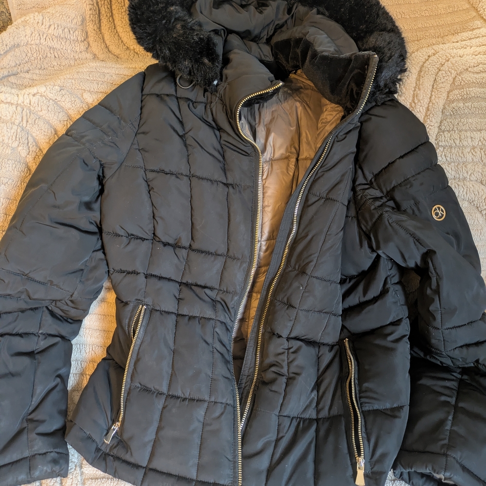 Calvin Klein Repel Black Quilted Puffer Jacket with Faux Fur Trim